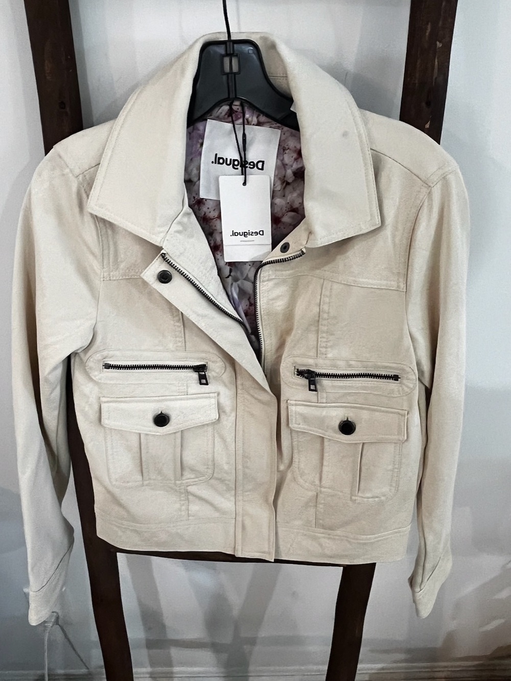 Desigual Cream Leather Jacket with Floral Lining